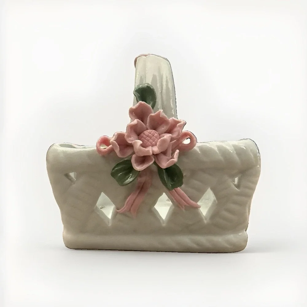 Porcelain Basket Decorative Hand Painted Flowers Miniature Candy Jewelry Trinket